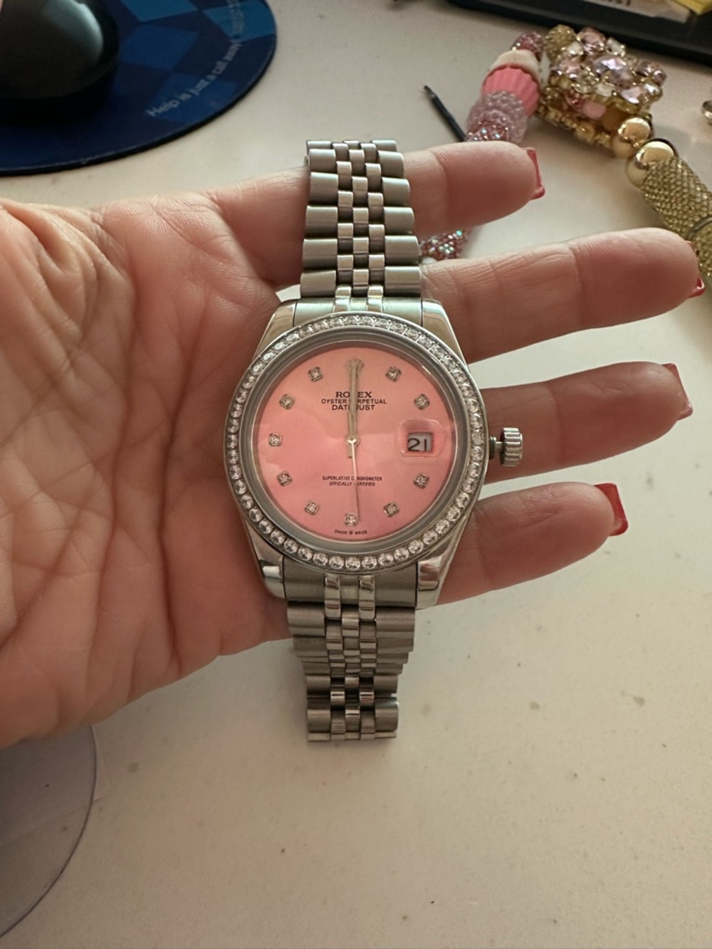 Fashion watch, date and time. Pink Dial Stainless Steel Watch with Diamond Bezel